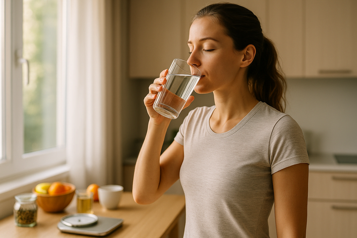 Mulher praticando jejum intermitente de forma saudável, em ambiente moderno e iluminado