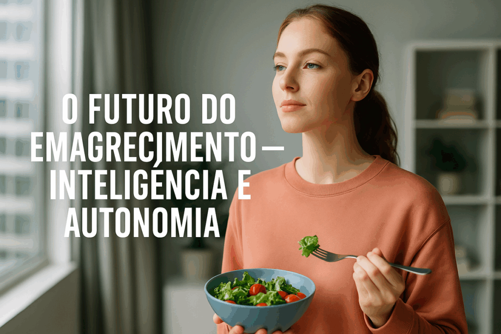 Mulher confiante olhando para o horizonte enquanto segura uma tigela de salada, simbolizando o futuro do emagrecimento com autonomia e consciência alimentar.