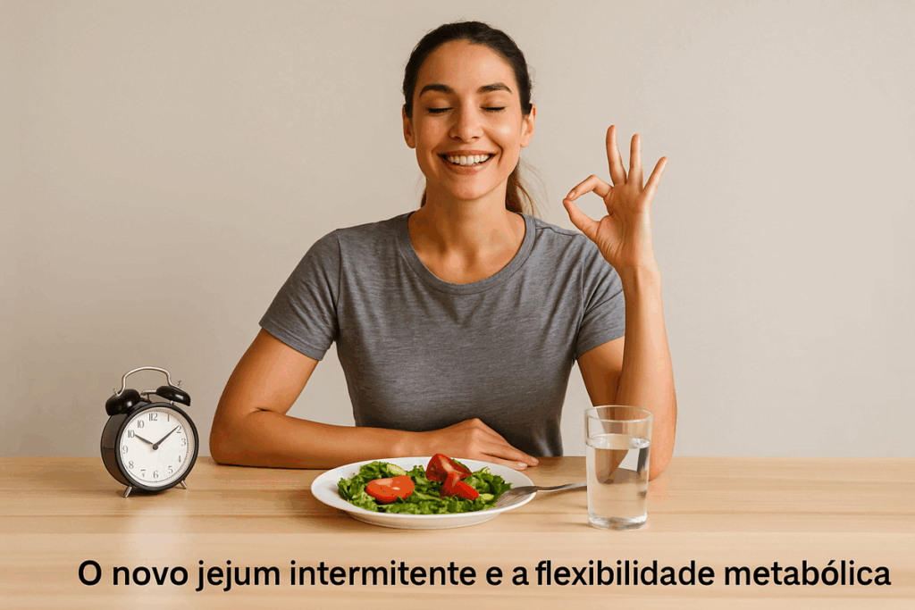 Mulher sorridente praticando jejum intermitente, sentada diante de um prato de salada e um copo de água, com um relógio ao lado indicando o horário da refeição.