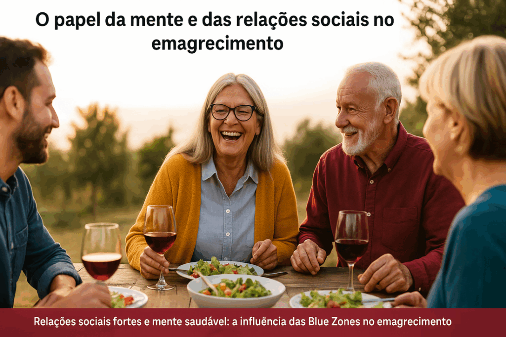 Grupo de amigos idosos sorrindo e compartilhando uma refeição ao ar livre, representando as relações sociais e o equilíbrio mental das Blue Zones.