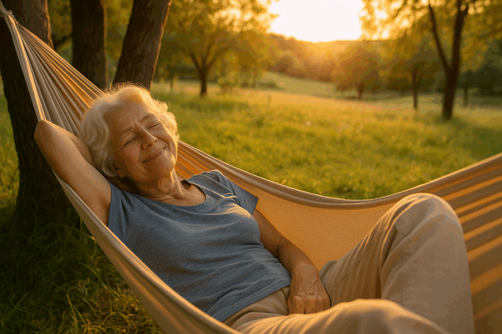 Mulher idosa relaxando em uma rede ao pôr do sol, simbolizando o descanso e o ritmo de vida equilibrado das Blue Zones.