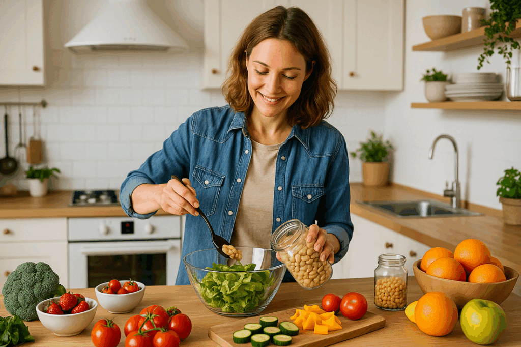 Mulher preparando uma salada fresca com legumes e grãos em uma cozinha iluminada, representando como aplicar o segredo das Blue Zones na rotina diária.