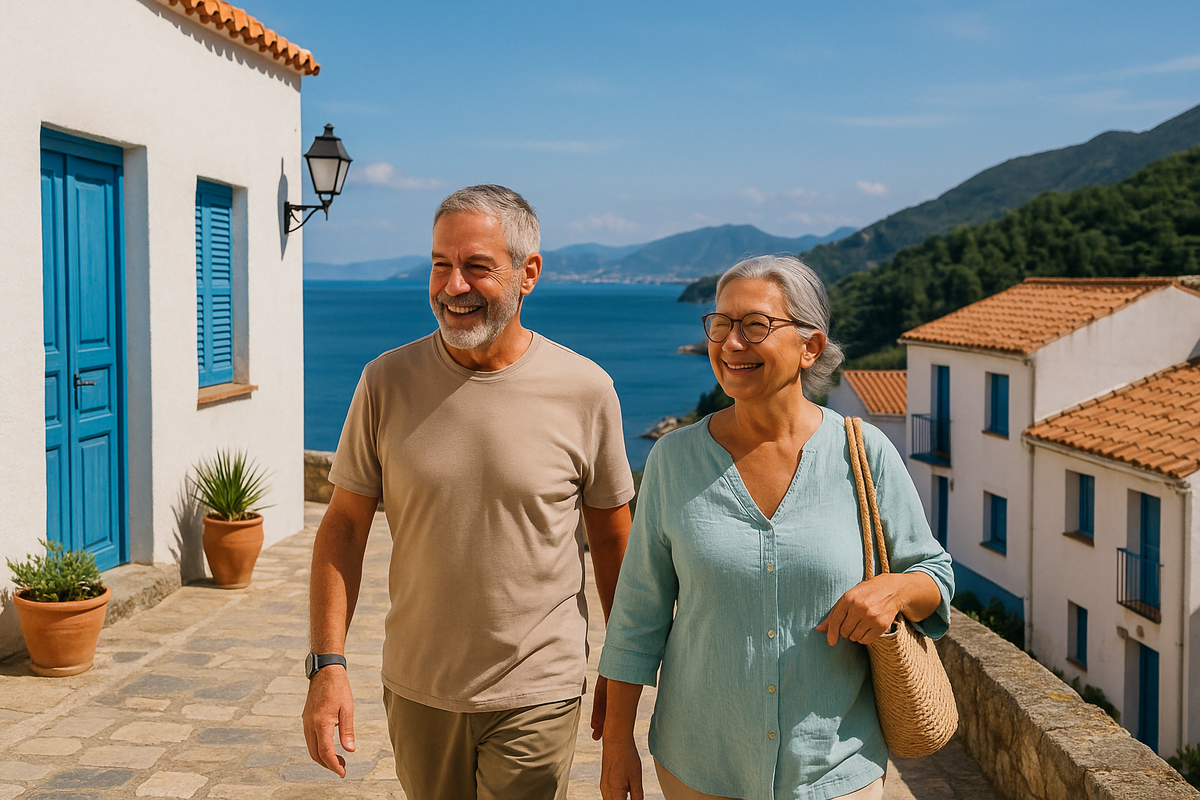 Casal idoso caminhando feliz em uma vila mediterrânea, representando o segredo das Blue Zones e o estilo de vida saudável que promove longevidade e emagrecimento natural.