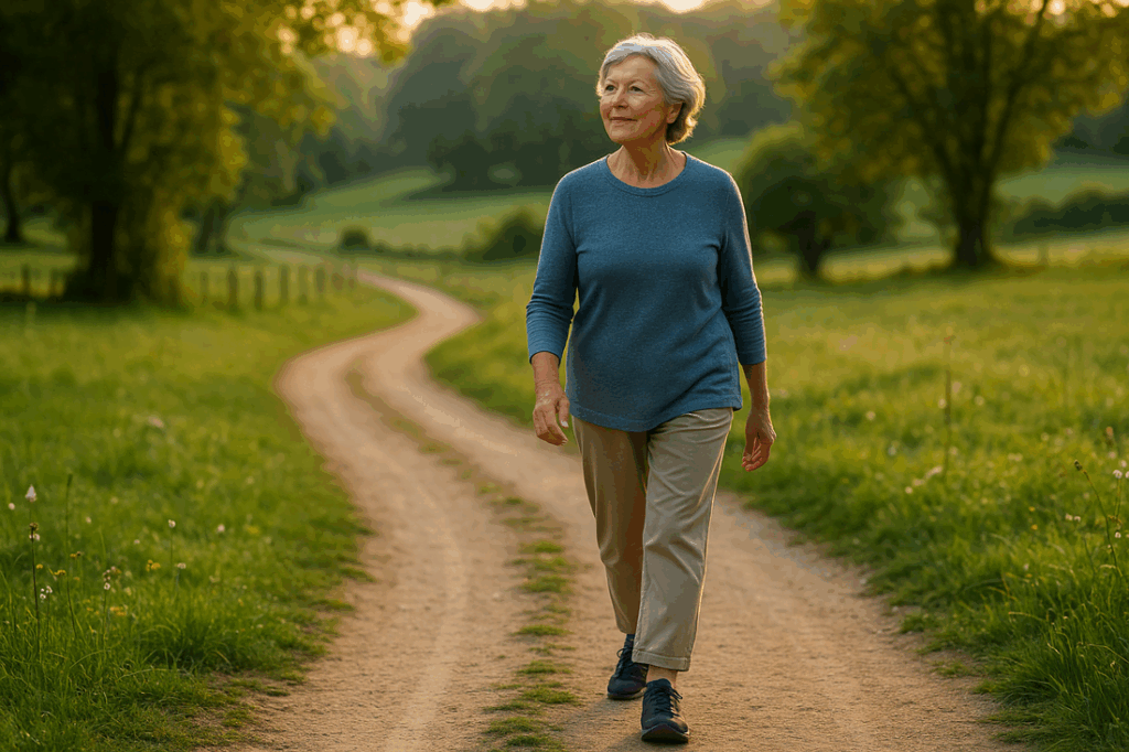 Mulher idosa caminhando por uma trilha arborizada ao pôr do sol, representando o movimento diário e o estilo de vida ativo das Blue Zones.