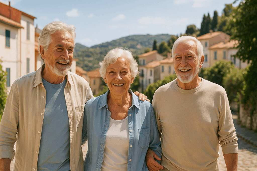 Grupo de pessoas idosas caminhando e sorrindo em uma vila mediterrânea, representando o segredo das Blue Zones e a vitalidade das regiões mais saudáveis do mundo.