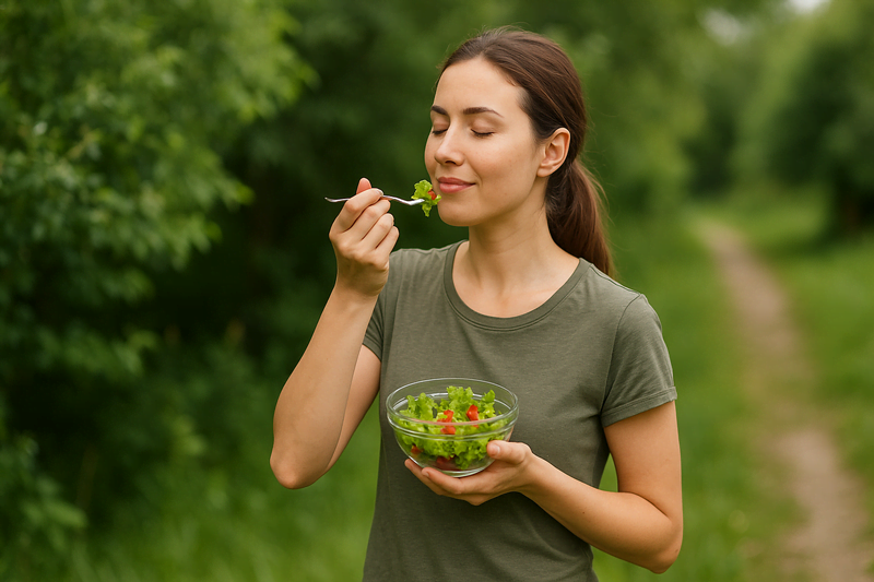 Mulher sorrindo ao ar livre com uma salada na mão, simbolizando pequenas mudanças e grandes resultados no processo de emagrecimento ecológico.