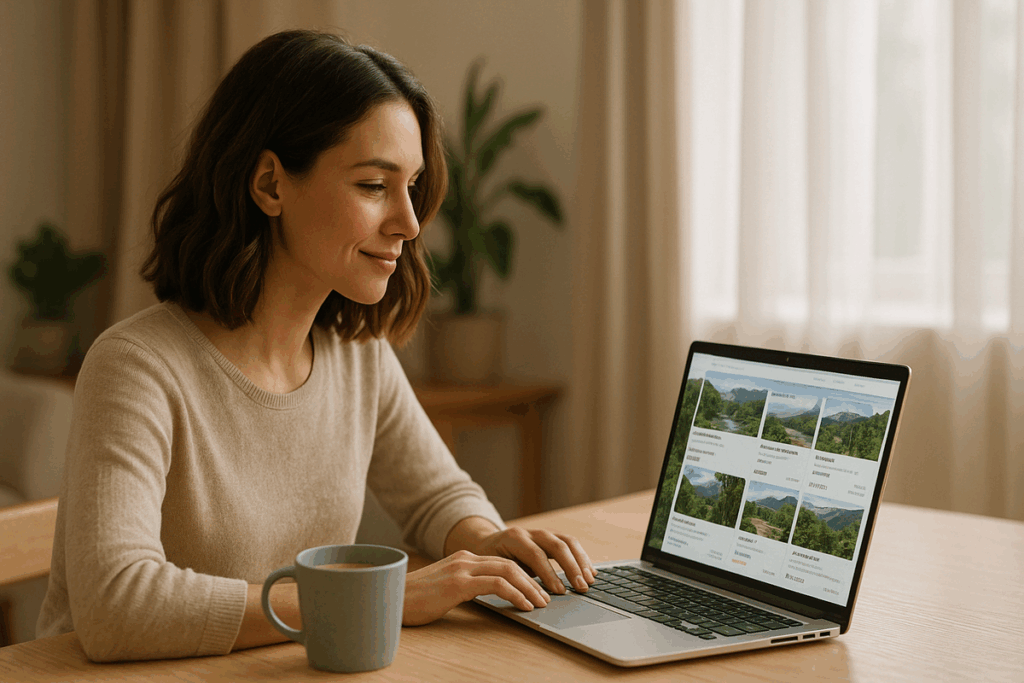 Mulher adulta analisando opções de retiros de bem-estar em um laptop, com café e caderno ao lado, simbolizando escolha consciente e equilíbrio.