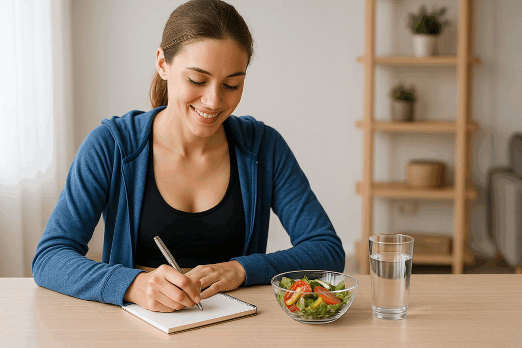 Mulher planejando horários e anotações sobre jejum intermitente, ao lado de salada e copo de água em ambiente iluminado.