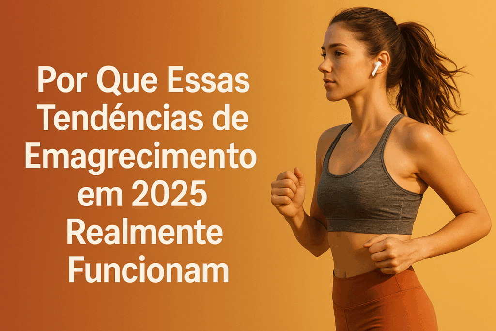 Mulher praticando corrida ao ar livre com fones de ouvido, representando as novas tendências de emagrecimento em 2025 baseadas em saúde, movimento e equilíbrio.