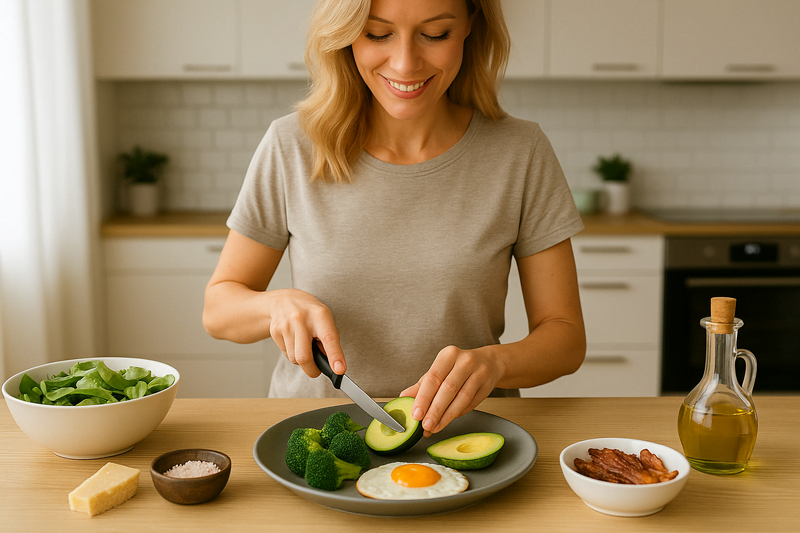 Mulher preparando prato cetogênico com abacate, ovo e brócolis em cozinha moderna iluminada, representando alimentação equilibrada e saudável.