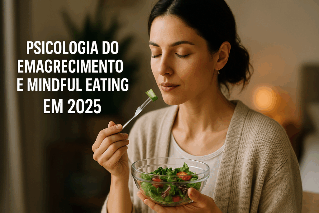 Mulher com expressão calma e olhos fechados saboreando uma salada fresca, simbolizando atenção plena e equilíbrio emocional na alimentação.