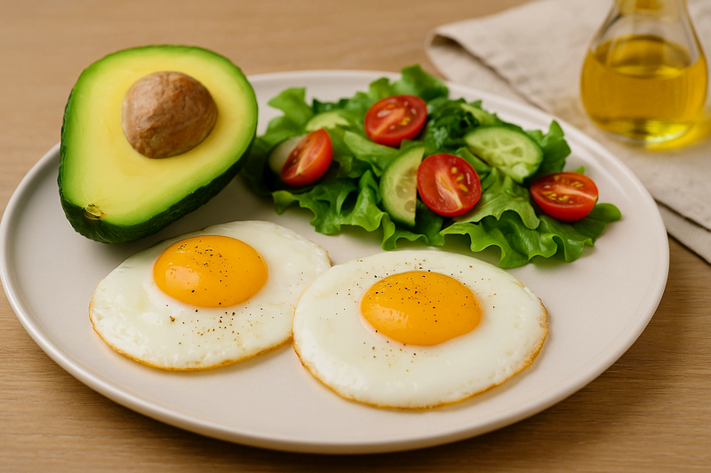 Prato cetogênico com ovos fritos, abacate fresco e salada com tomate e pepino em ambiente iluminado, representando alimentação saudável.