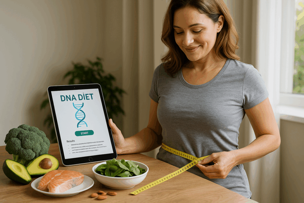 Mulher sorrindo medindo a cintura com fita métrica enquanto analisa plano alimentar digital da dieta do DNA ao lado de alimentos saudáveis.