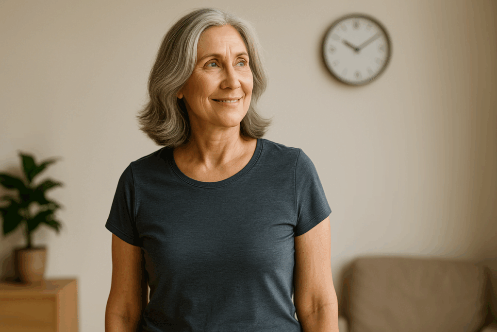 Mulher de meia-idade refletindo sobre o corpo e o equilíbrio hormonal, simbolizando as mudanças físicas durante o emagrecimento na menopausa.