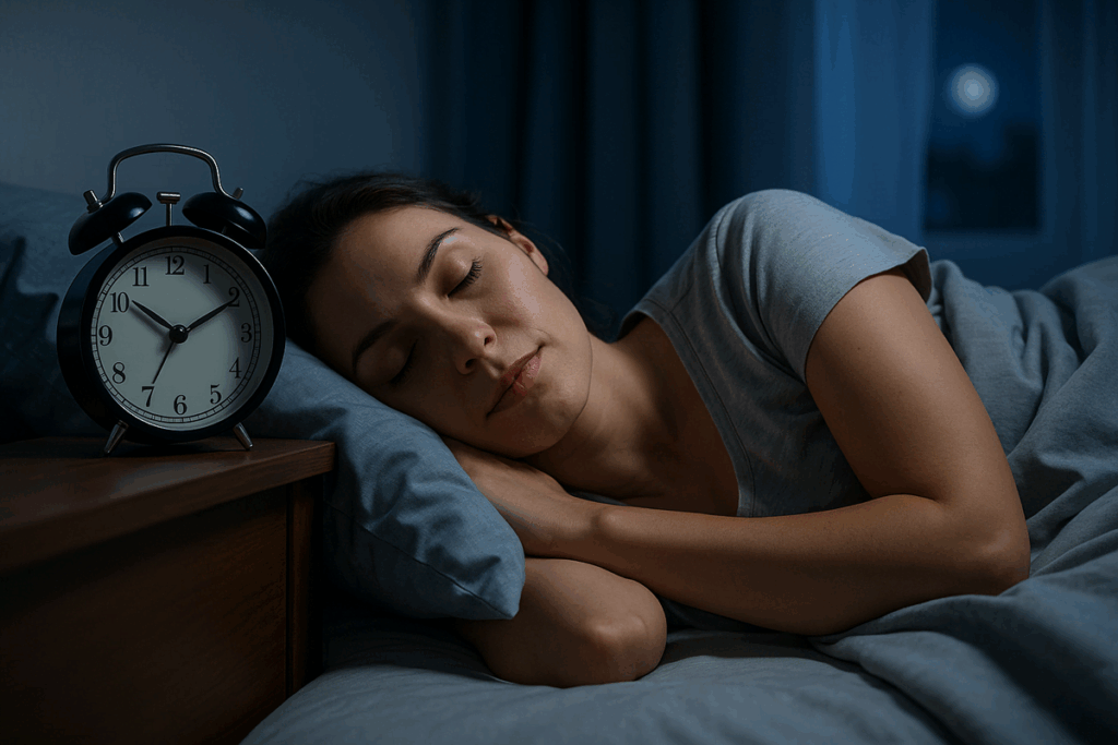 Mulher se alongando ao ar livre com relógio ao fundo, representando exercícios alinhados ao relógio biológico.