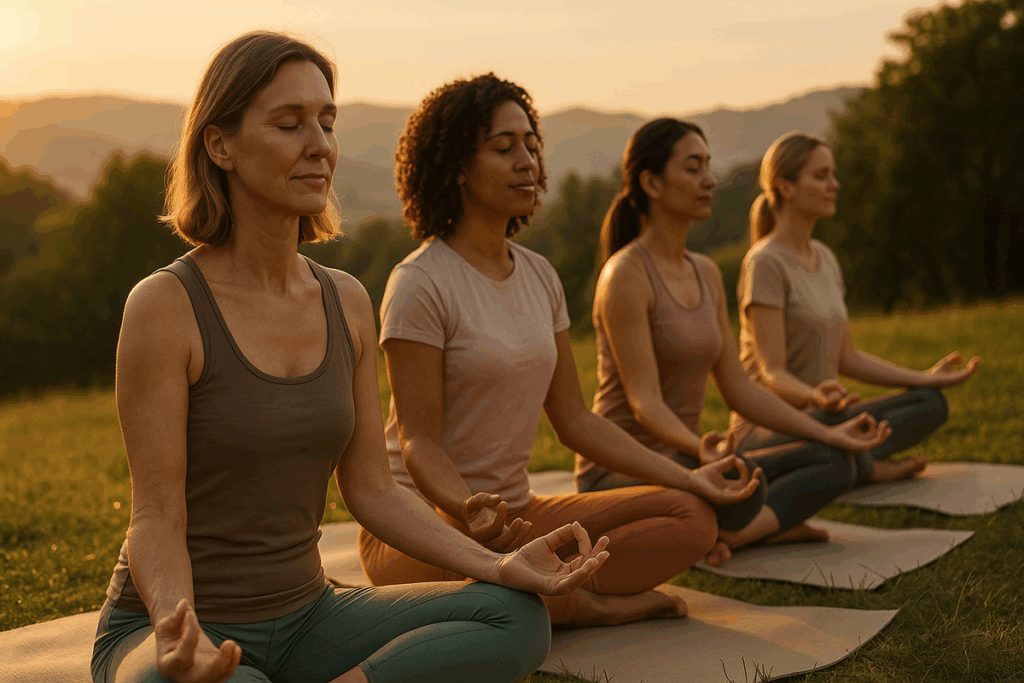 Grupo de mulheres praticando yoga ao pôr do sol em um retiro de bem-estar, representando harmonia, leveza e conexão corpo-mente.