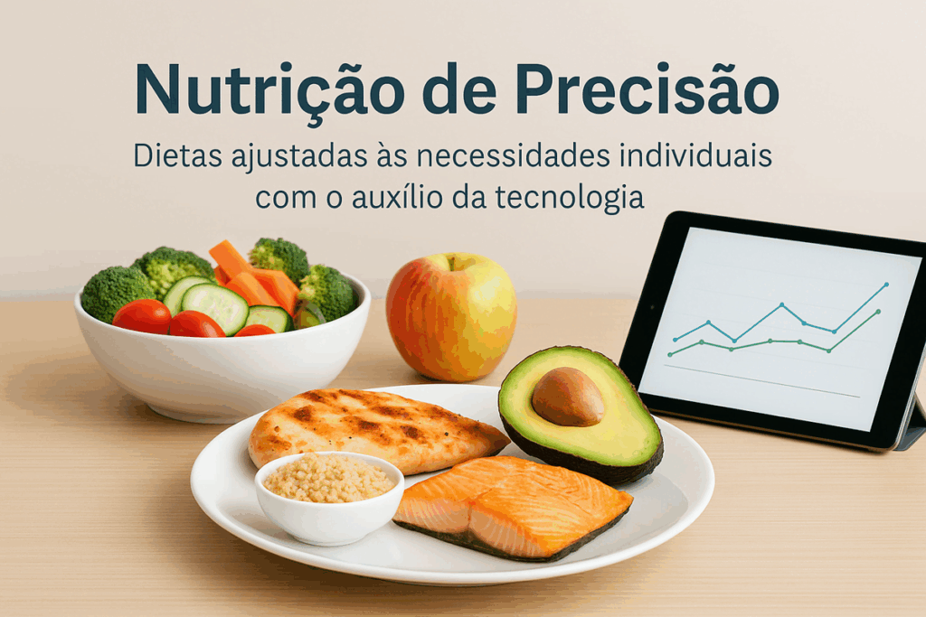 Prato com salmão, frango, abacate e quinoa ao lado de tablet com gráfico e tigela de legumes frescos.