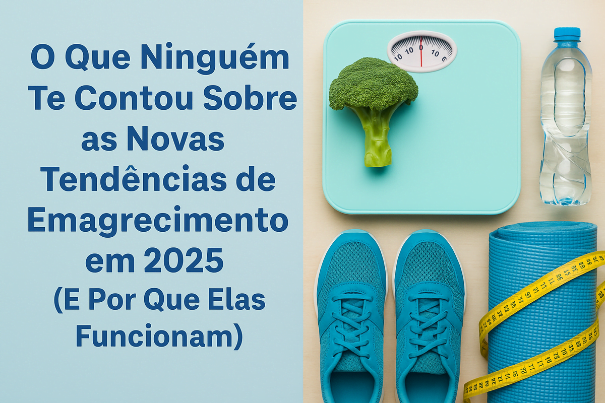 tens de vida saudável — balança, tênis, brócolis, fita métrica e garrafa d’água — simbolizando as novas tendências de emagrecimento em 2025.