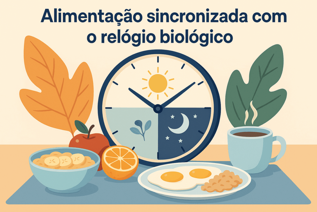 Café da manhã saudável com frutas, ovos e aveia ao lado de um relógio simbolizando ciclos biológicos.