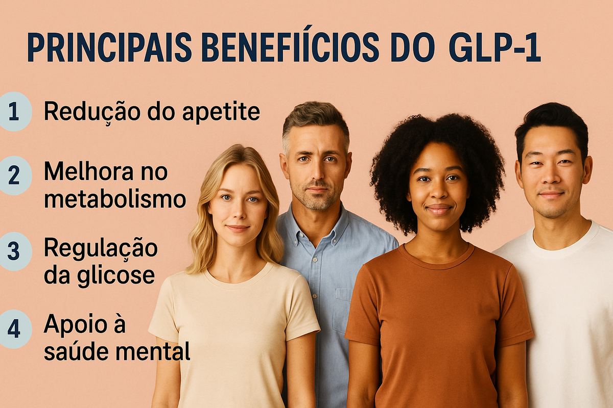 Grupo de pessoas diversas ao lado de lista com benefícios do GLP-1.