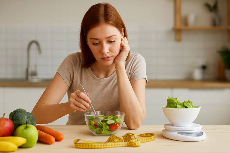 Pessoa iniciando uma dieta com entusiasmo, mas mostrando sinais de cansaço, simbolizando o risco do abandono de dieta.
