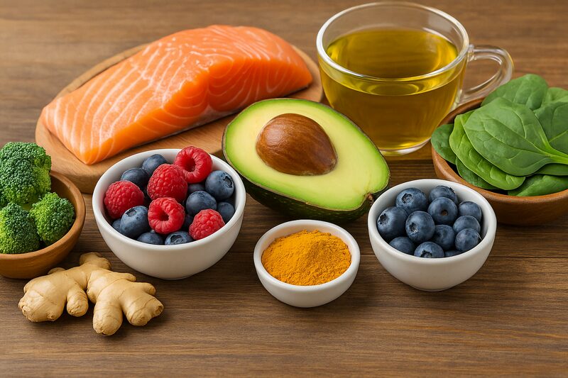 Salmão, abacate, frutas vermelhas, cúrcuma e gengibre dispostos em mesa de madeira, representando alimentos anti-inflamatórios naturais.