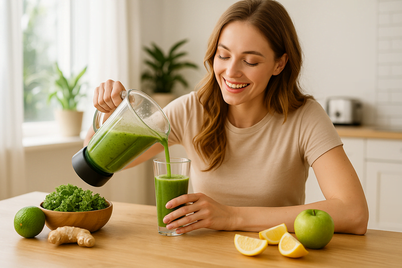 Mulher sorridente preparando suco verde em cozinha moderna e iluminada, representando a aplicação prática do segredo verde no dia a dia.