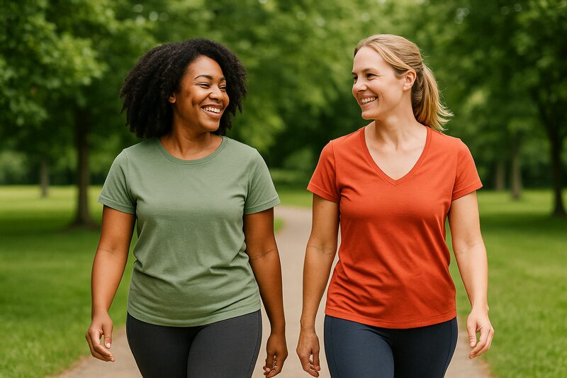 Duas mulheres sorrindo enquanto caminham em um parque verde, simbolizando energia, leveza e bem-estar proporcionados por uma dieta anti-inflamatória.