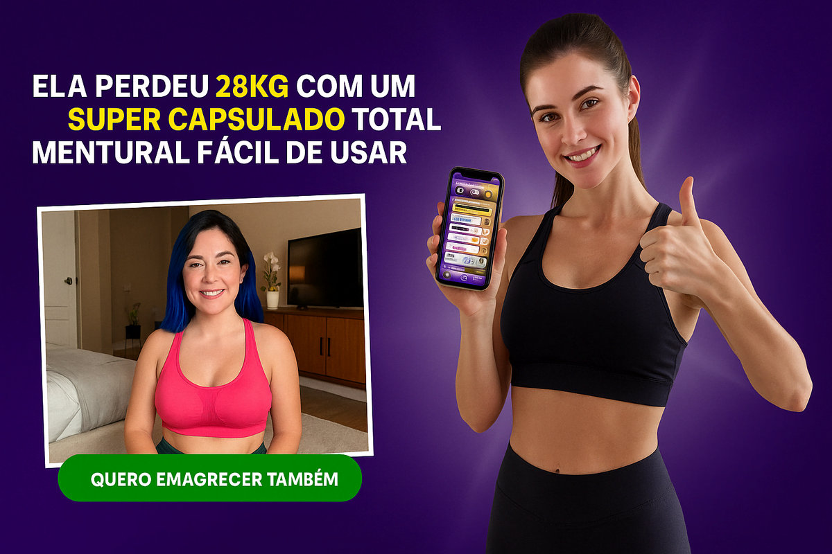 Mulher exibindo aplicativo de emagrecimento e mostrando sinal de positivo, ao lado de depoimento visual de uma cliente que perdeu peso.