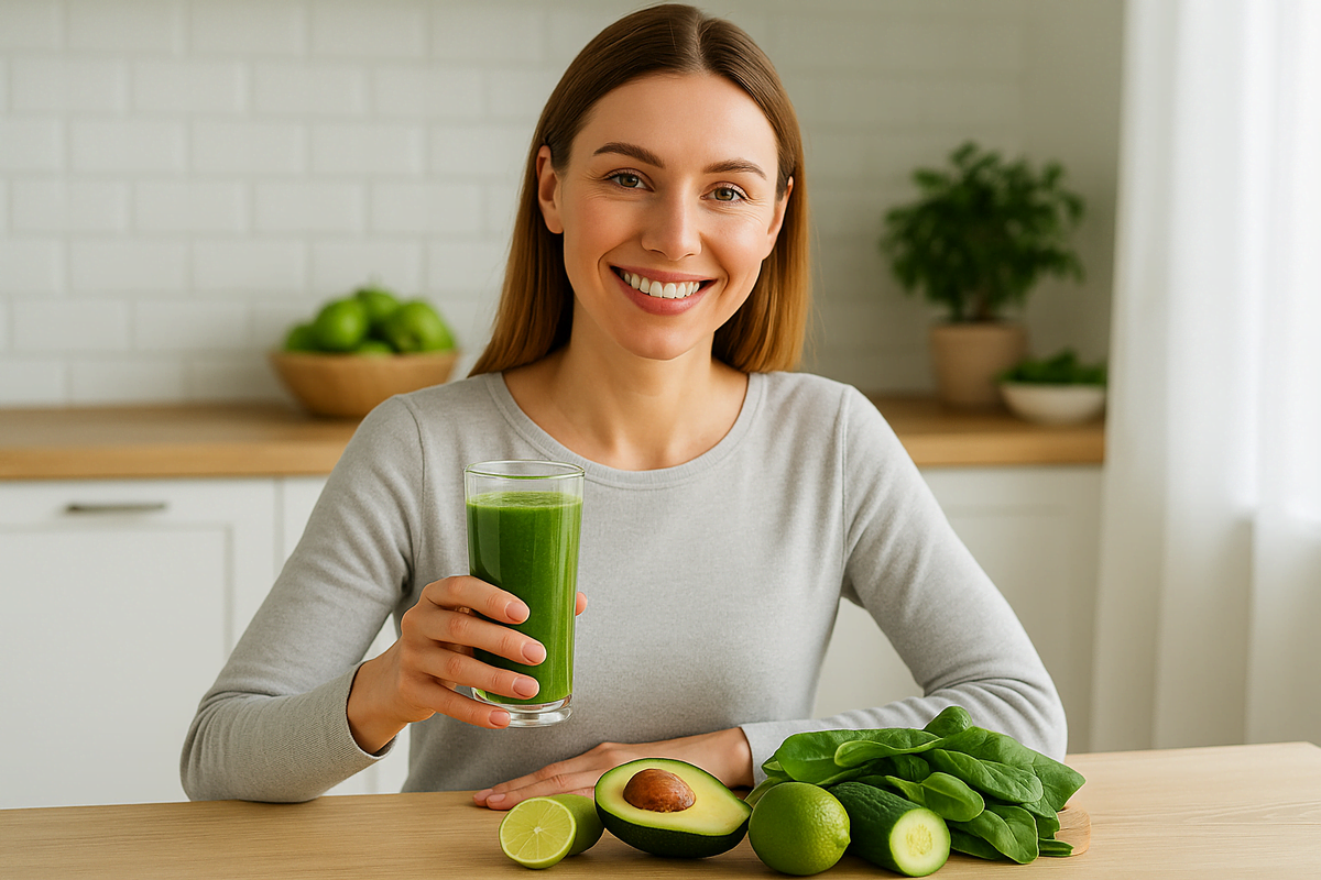 Mulher sorridente segurando suco verde em uma cozinha moderna, usando roupa clara, simbolizando energia e alimentação saudável.