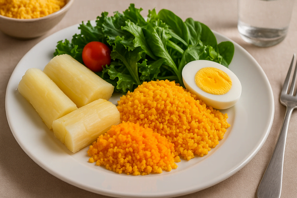 Prato com macaxeira, cuscuz, ovo cozido e salada verde, representando refeições equilibradas do cardápio semanal da dieta nordestina saudável.
