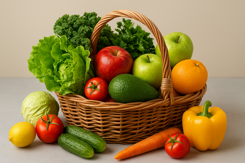 Cesta de vime com frutas e verduras frescas, incluindo abacate, maçã verde, couve e tomate, representando alimentação natural saudável.