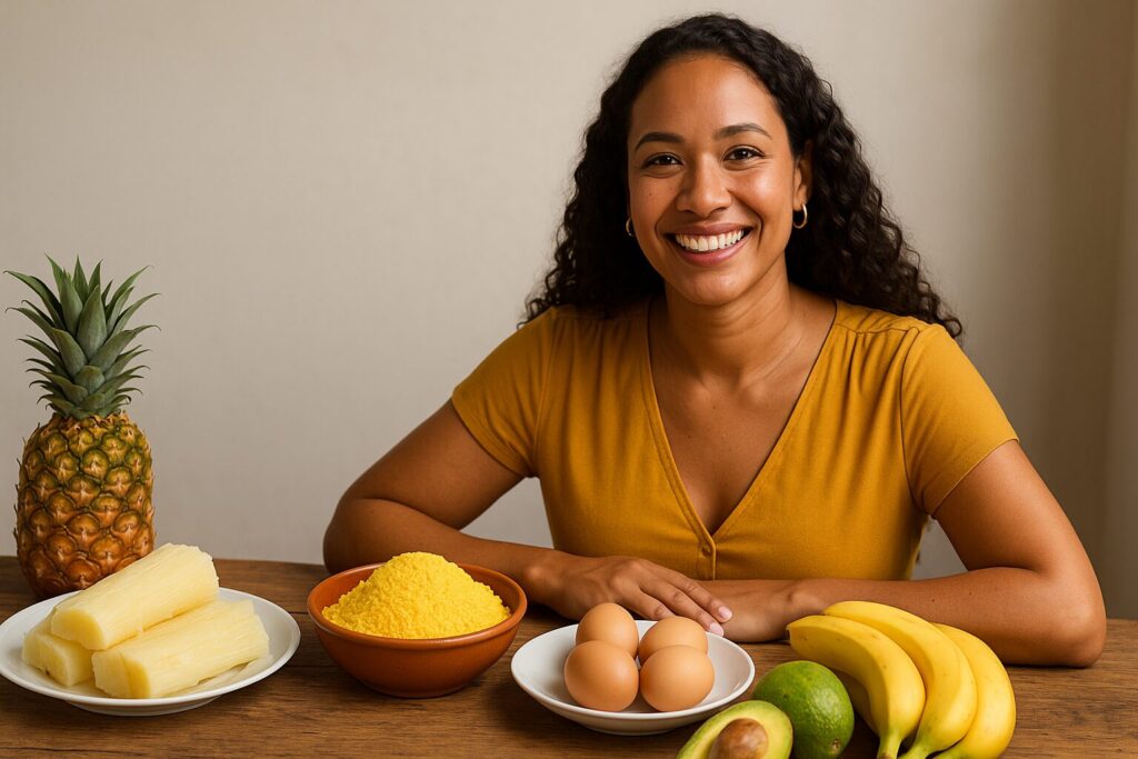 Mulher nordestina sorridente ao lado de mesa com macaxeira, cuscuz, ovos e frutas, representando o equilíbrio da dieta nordestina saudável.