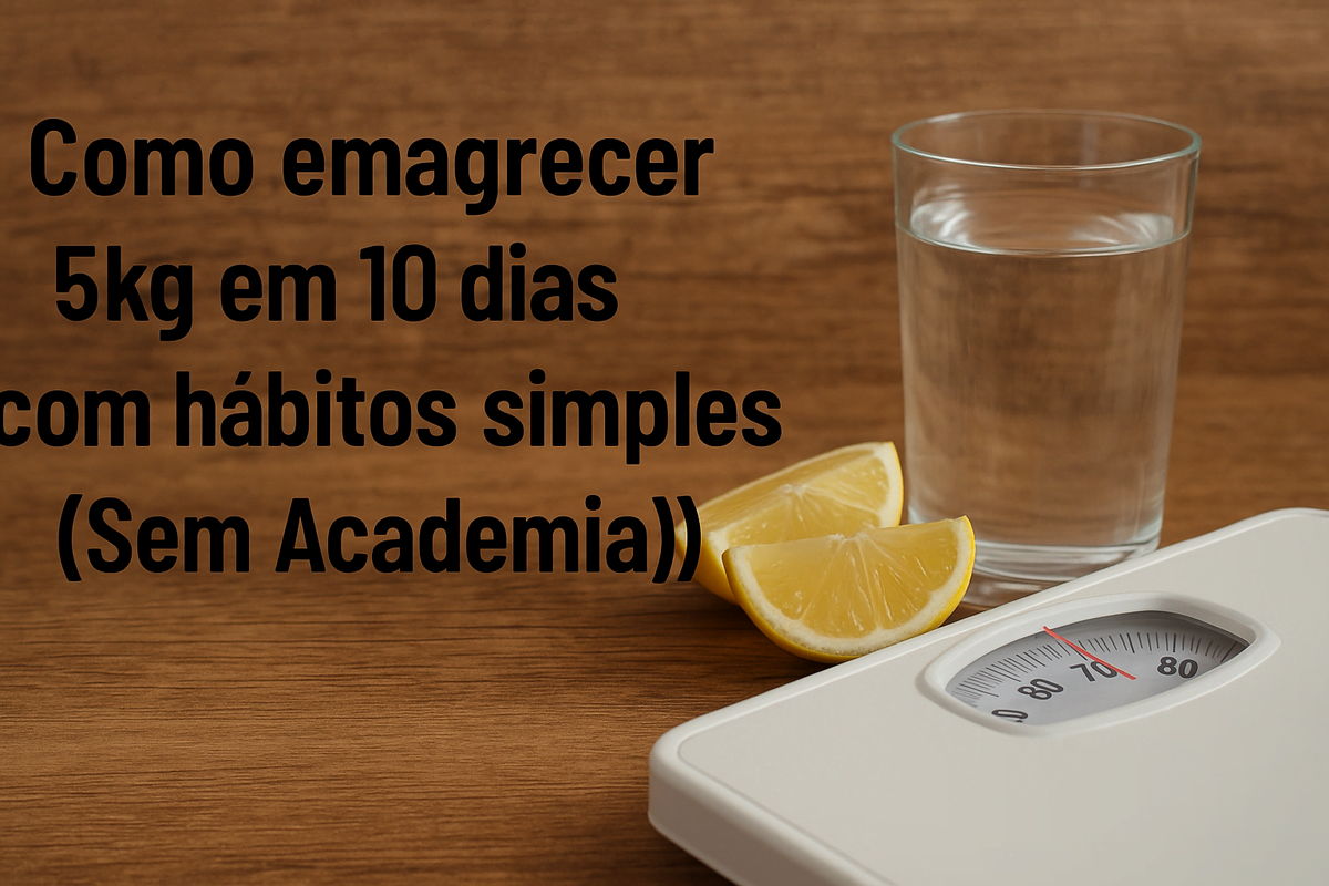 Copo de água, limão e balança sobre mesa de madeira, representando hábitos simples e saudáveis para emagrecer 5kg em 10 dias.