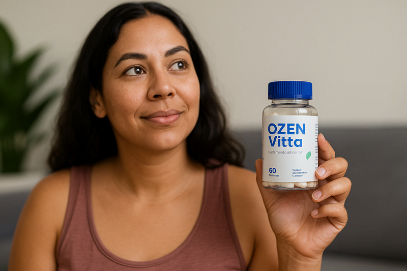 Mulher jovem segurando um frasco de OzenVitta, mostrando o suplemento usado para auxiliar no processo de emagrecimento.