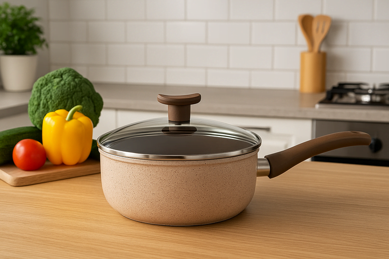 Panela antiaderente saudável em cozinha moderna, ideal para preparar receitas leves e nutritivas com pouco óleo.