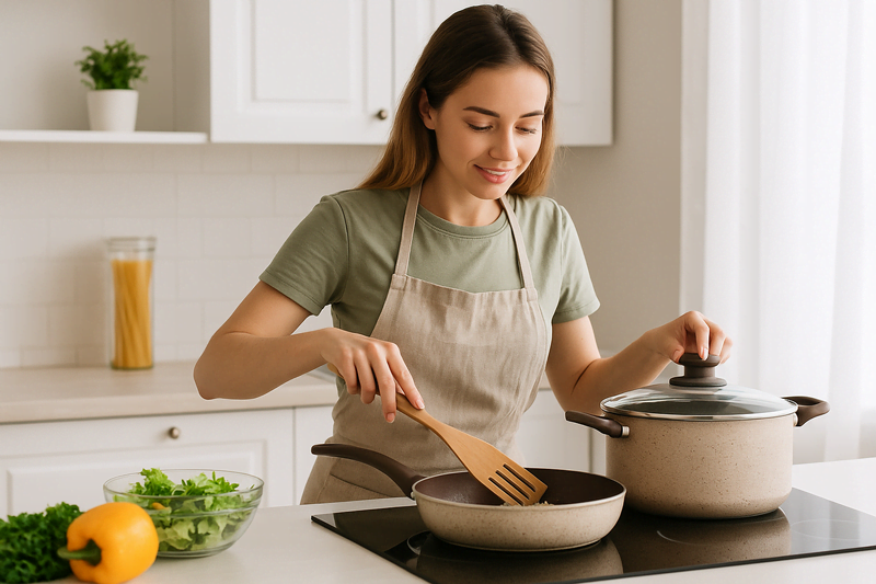 Mulher cozinhando uma refeição saudável em panela antiaderente em cozinha moderna e iluminada, representando leveza e bem-estar.