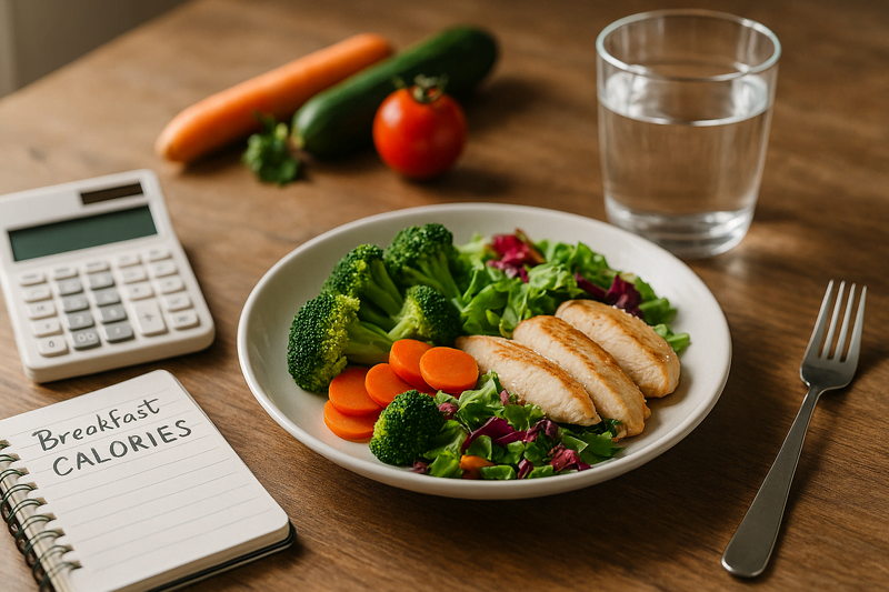 Prato com frango grelhado, legumes e salada ao lado de calculadora e bloco de notas, simbolizando o controle do déficit calórico consciente para emagrecer 5kg em 10 dias.