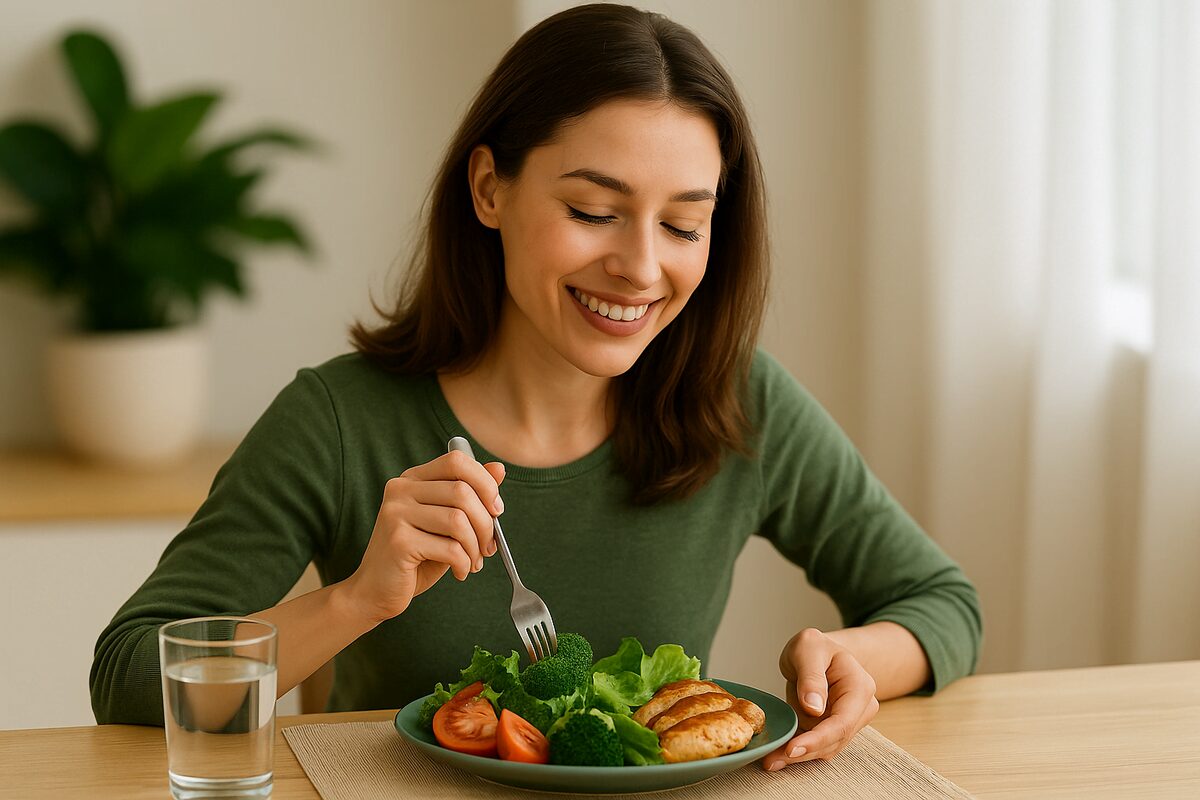 Mulher sorrindo enquanto faz refeição saudável com frango, brócolis e tomate, representando energia e leveza da dieta anti-inflamatória.