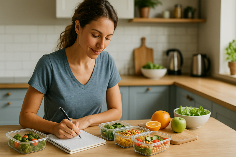 Pessoa organizando marmitas saudáveis e anotando refeições em um caderno, representando estratégias práticas para evitar o abandono de dieta.