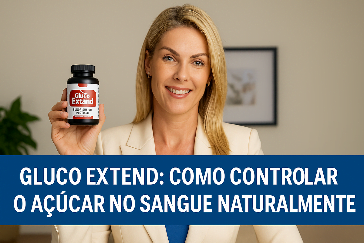 Mulher confiante segurando suplemento Gluco Extend em cozinha moderna, representando saúde e equilíbrio natural.