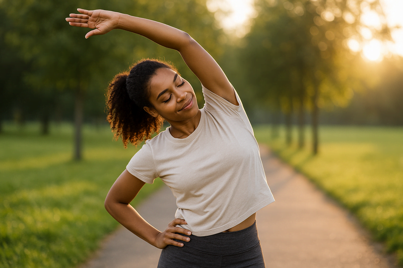 Mulher fazendo alongamento matinal ao ar livre, com expressão serena, simbolizando leveza e consistência no processo de emagrecer 5kg em 10 dias.