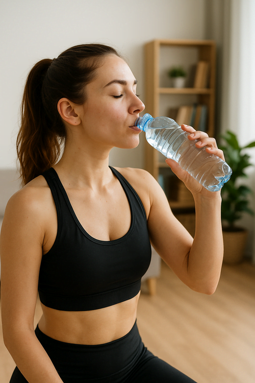 Mulher bebendo água durante a rotina diária, representando o início de novos hábitos e, além disso, reforçando a importância da hidratação como primeiro passo para criar consistência no processo.