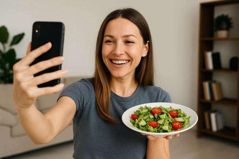 Mulher sorridente tirando selfie com prato de salada verde, representando histórias reais de transformação com o segredo verde.