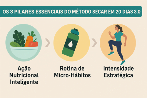 Infográfico ilustrado mostrando os três pilares do Método Secar em 20 Dias 3.0: alimentação inteligente, micro-hábitos diários e intensidade estratégica.