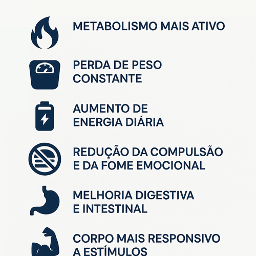 Infográfico que apresenta os principais benefícios do método EVI+, destacando metabolismo mais ativo, perda de peso constante e melhora significativa da digestão.