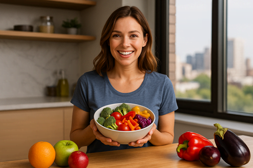 Mulher sorridente segurando uma tigela de frutas e legumes coloridos em uma cozinha moderna com janela de vidro e luz natural.