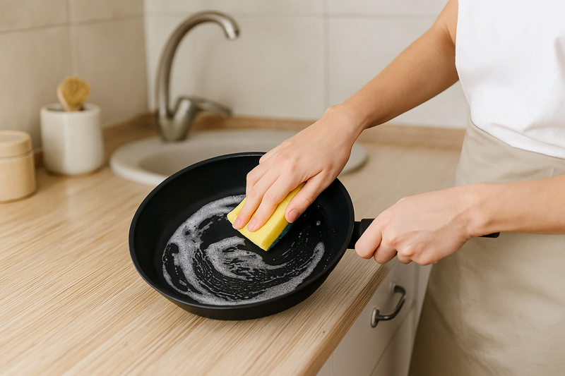 Pessoa limpando uma panela antiaderente saudável com esponja macia e detergente neutro em uma pia de cozinha moderna.