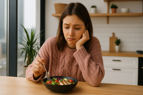 Mulher preparando um prato colorido com legumes e frutas frescas em uma cozinha moderna iluminada por luz natural.