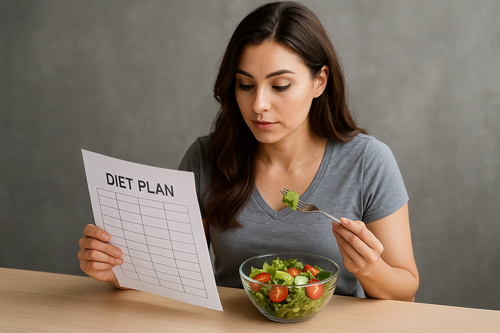 Mulher olhando um plano alimentar enquanto come salada fresca, representando o início do método EVI+ Emagrecimento.